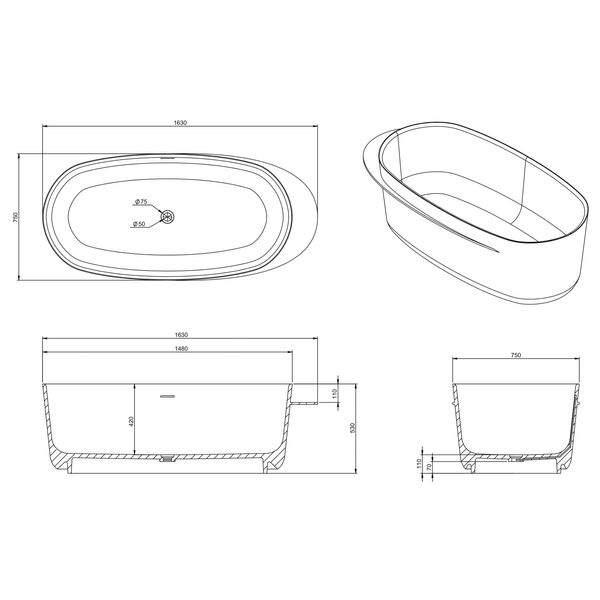 Cadă 163 * 75 * 53cm piatră, Suprafață solidă, cu raft 12-40-054 foto