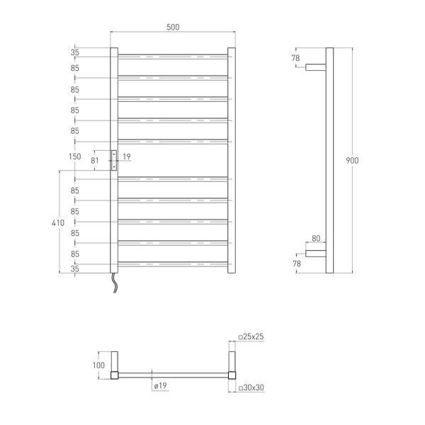 CAMPO электрический полотенцесушитель, blanco (L, 120W, 500*900 мм, сталь 304, 10 перемычек (5-5) круг, квадрат, таймер, термостат 70&deg;С) 9210.000107 фото